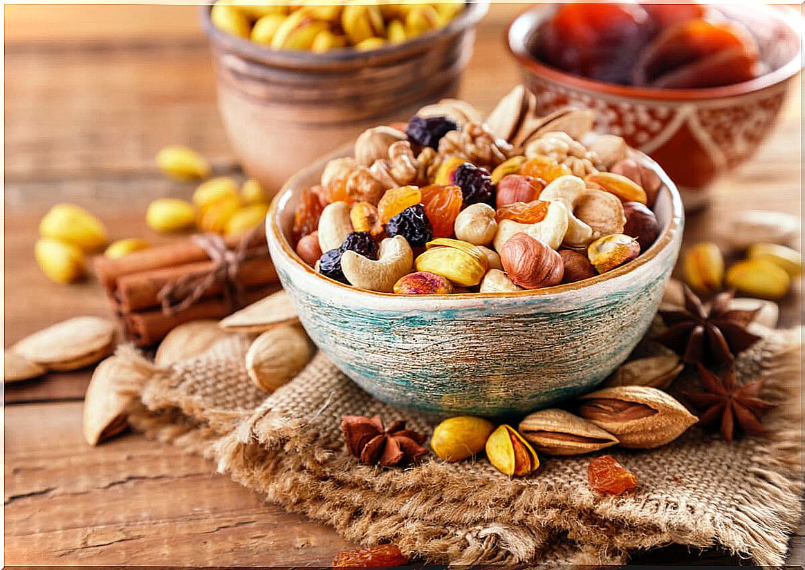 Nuts in bowls for Christmas recipes.