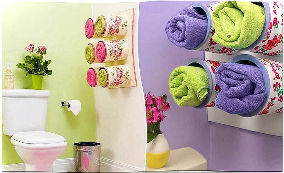 Towel rack with cans to decorate a bathroom