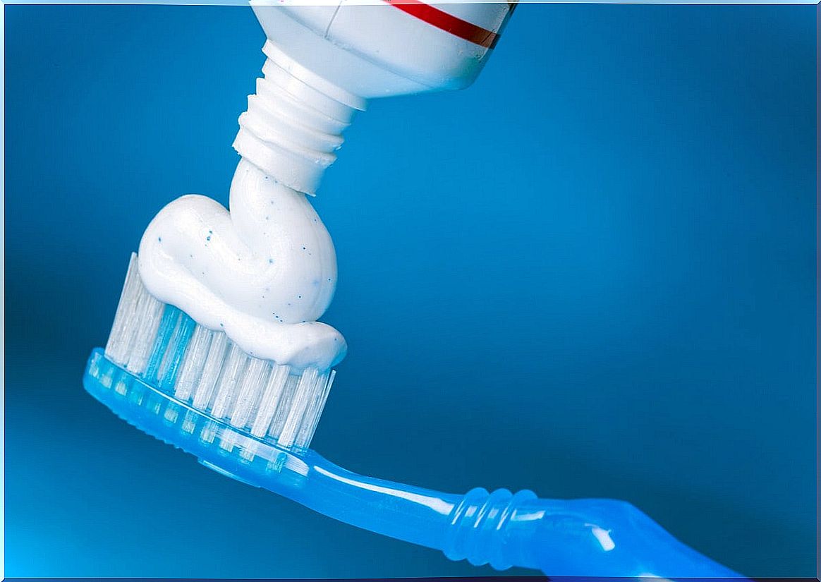 Toothpaste on toothbrush.