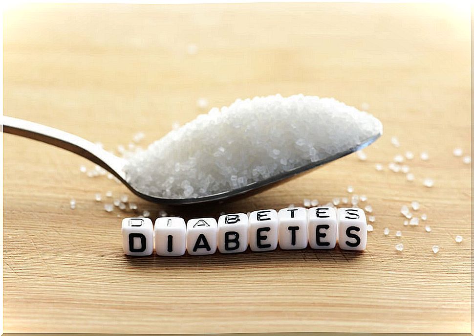 Scoop of sugar and letters forming the word DIABETES