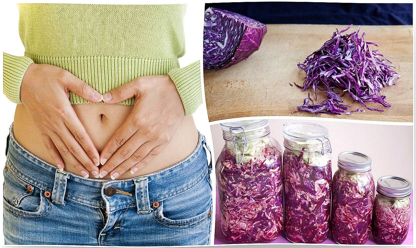 Jars with red cabbage sauerkraut and woman with hands on abdomen